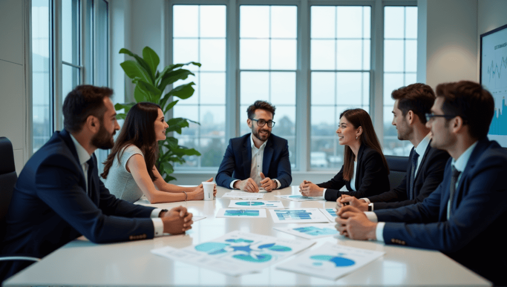 Modern workspace with professionals discussing hybrid, agile, and waterfall methodologies around a large table.