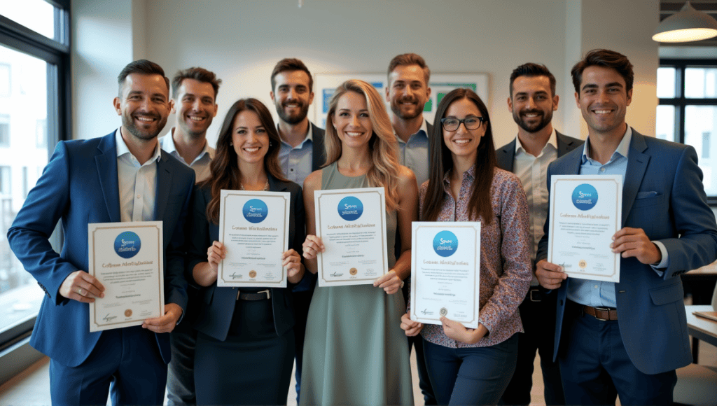 Professionals in business attire displaying Scrum Alliance certifications in a modern office setting.