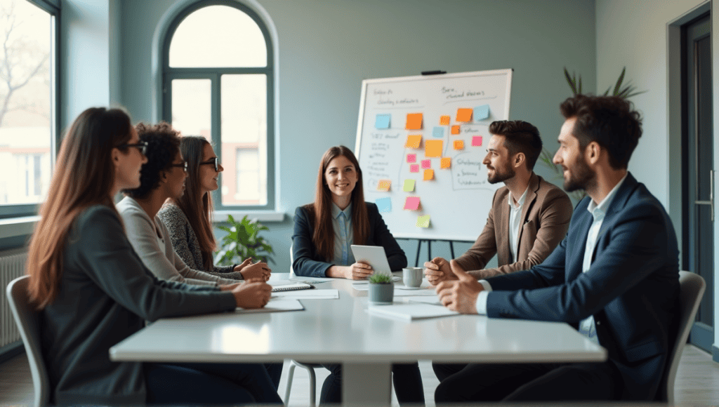 Team of professionals collaborating in a sprint retrospective meeting around a conference table.