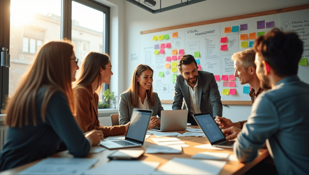 A team collaborating around a visual management board in a modern office setting.