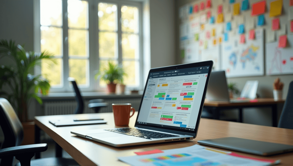 Modern office workspace with laptop, sticky notes, and Agile project management charts.