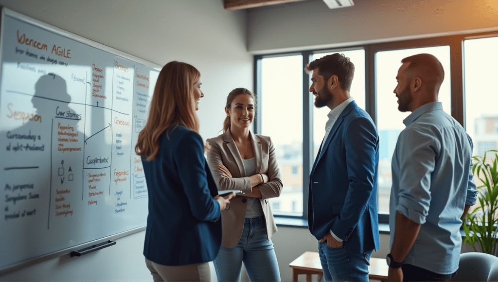 Group of professionals discussing Agile methodology around a whiteboard in a modern office.