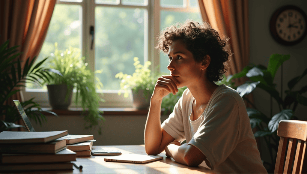 Thoughtful individual sitting at a desk with books, engaging in deep reflection and critical thinking.