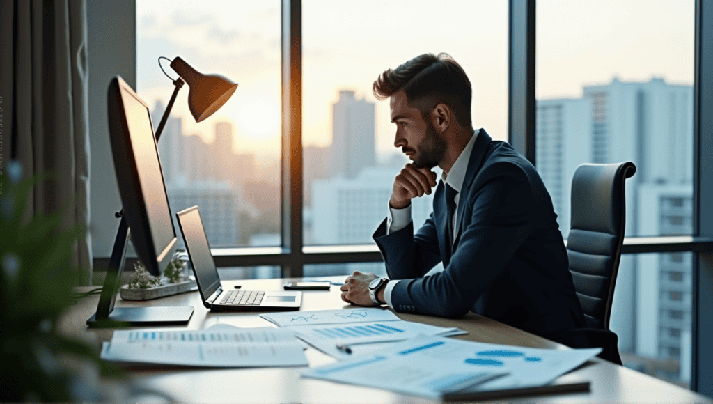 Person analyzing investment data at a modern desk with financial charts and graphs.