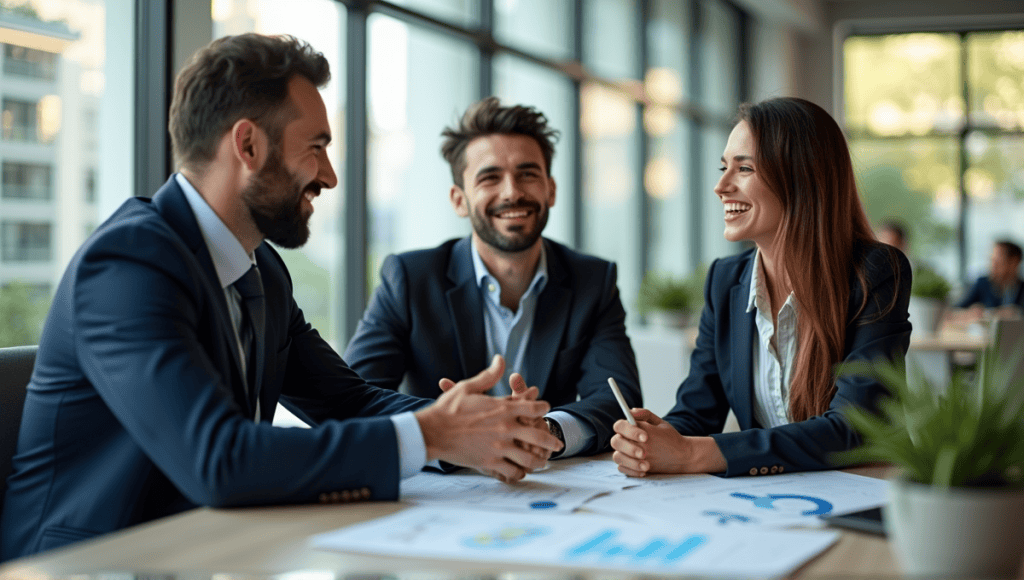 Group of leaders in professional attire discussing strategy with charts and graphs present.