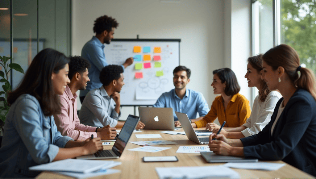 Group of professionals collaborating during a sprint planning meeting at a conference table.