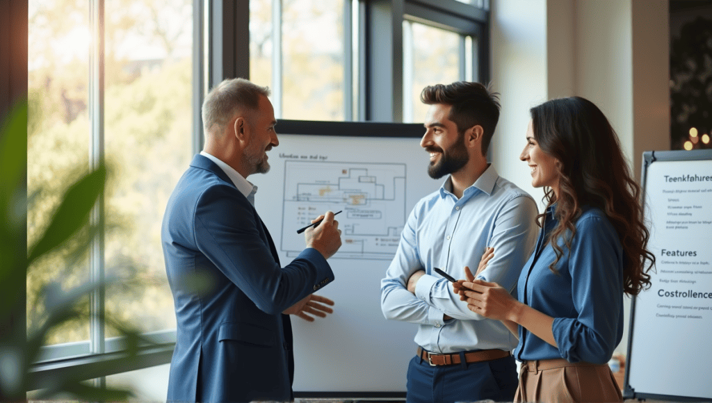 Professionals collaborating in a modern office, discussing projects and sharing ideas at a whiteboard.