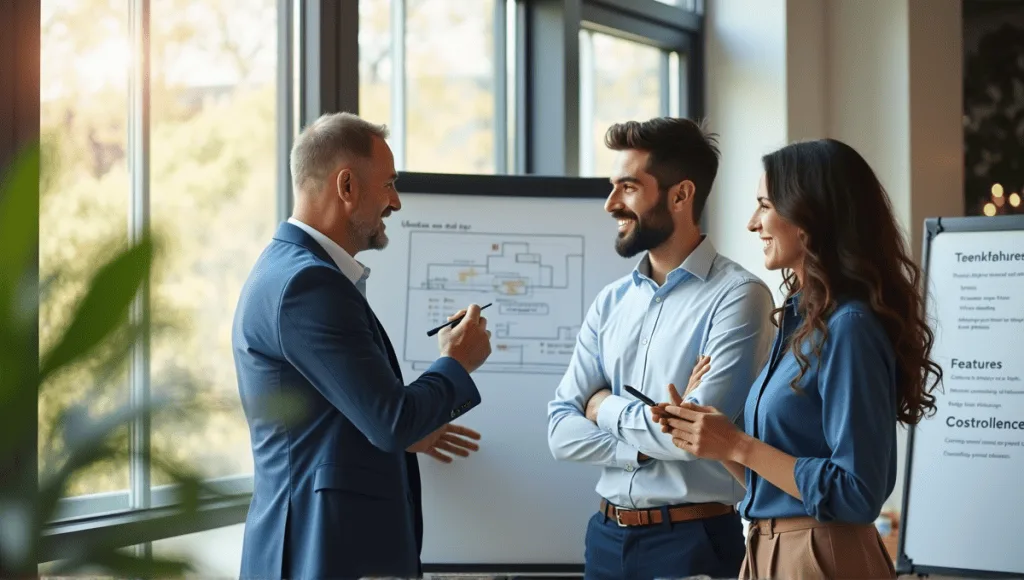 Professionals collaborating in a modern office, discussing projects and sharing ideas at a whiteboard.