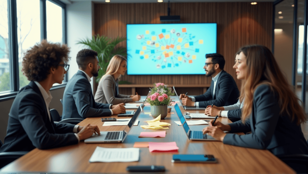 A group of professionals collaborating around a wooden table with digital devices and notes.