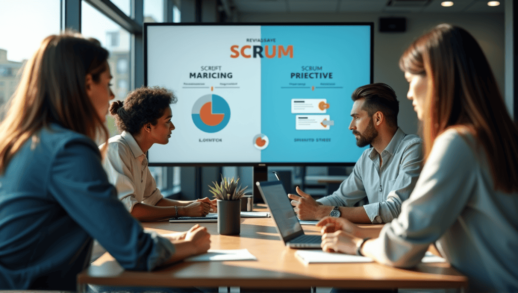 Group of professionals in smart casual attire collaborating during a Scrum meeting in an office.