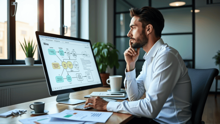 Analyst in a modern office analyzing risk flowchart on a digital screen.