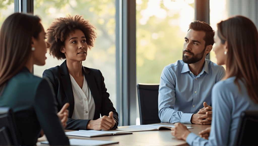 Group discussion about risk tolerance in a modern conference room with professionals.