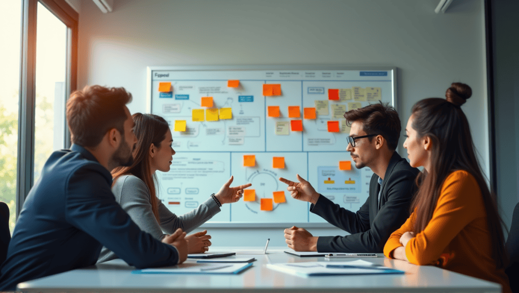 Modern office workspace with professionals collaborating around a digital planning board and sticky notes.