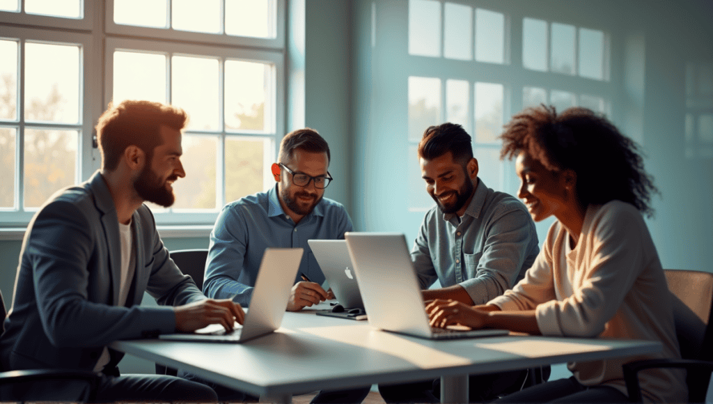 A team of software testers collaborating around laptops in a modern office environment.