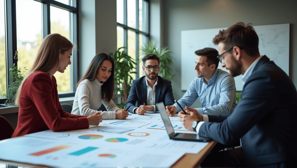 Professionals in smart casual attire collaborating around a table with charts and digital devices.