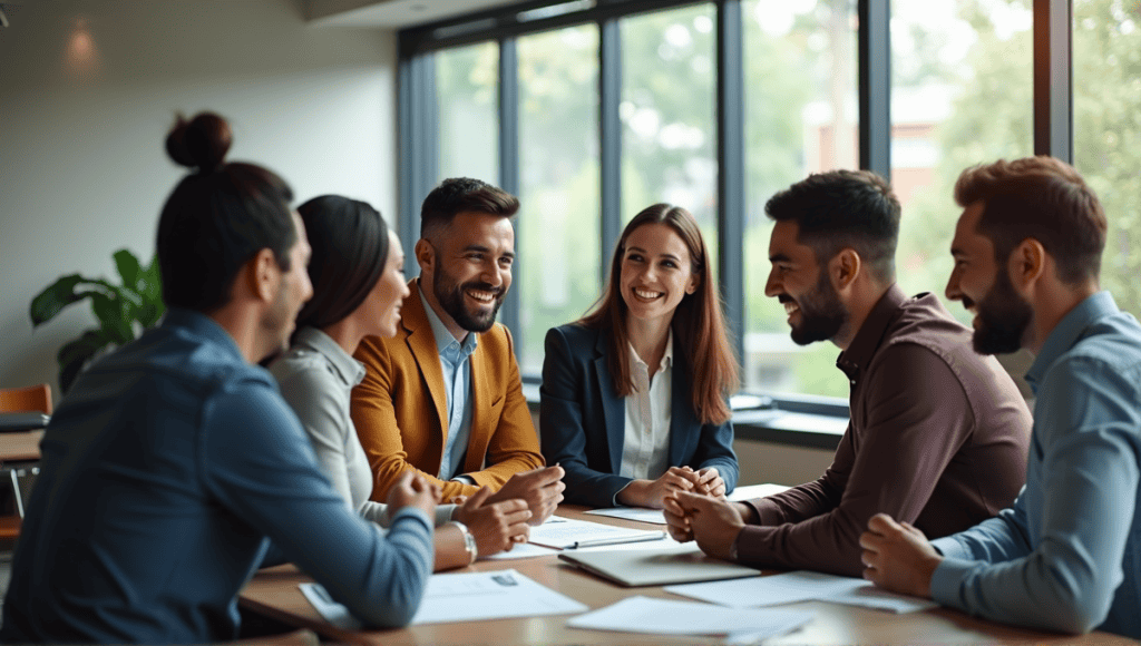 A group of professionals collaborating in a modern office, engaged in dynamic discussion.