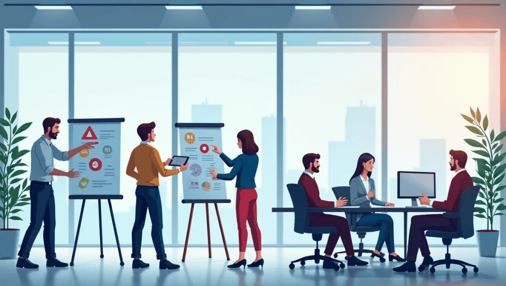 Five professionals engaged in risk mitigation steps in a modern office setting.