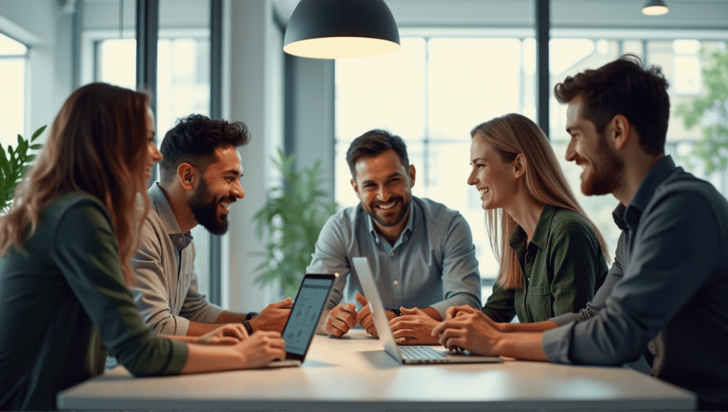 Group discussing Agile values at a table with a laptop in a modern office.