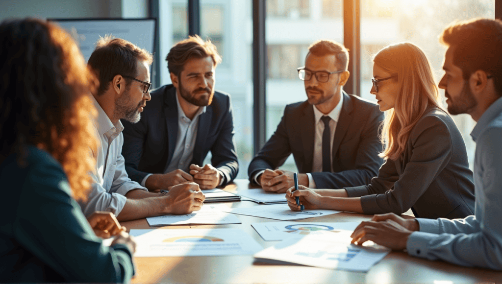 Professionals collaborating on project planning, discussing MoSCoW prioritization technique in a modern office.