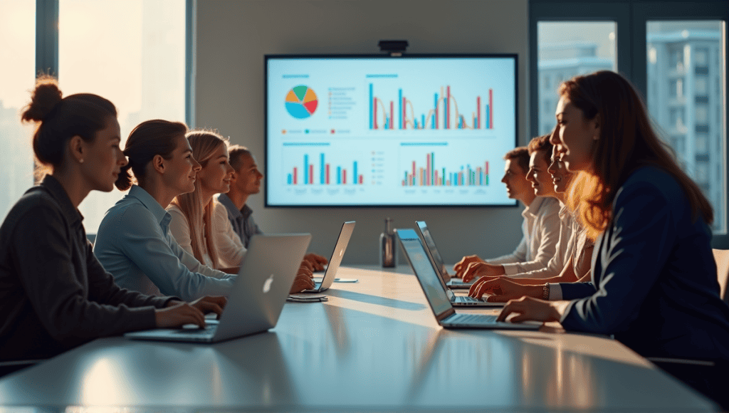 Professionals analyzing sprint cycle metrics at a modern conference table in an office.