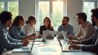 Team of agile professionals collaborating around a large table filled with laptops and charts.