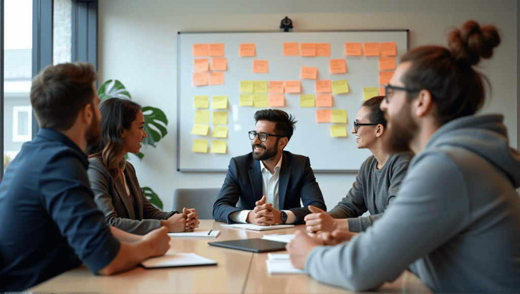 Group of professionals in a Scrum of Scrums meeting around a conference table.