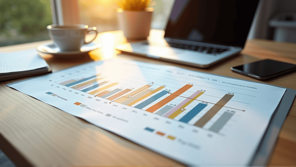 Detailed risk burndown chart on a wooden desk with office elements surrounding it.