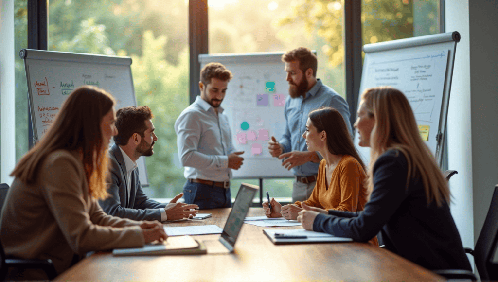 Group of professionals collaborating at a conference table with whiteboards and diagrams.