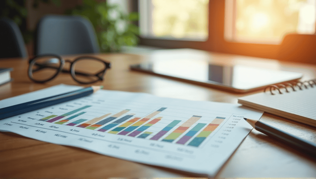 Detailed risk burndown chart on a wooden desk with a notepad and pencil.