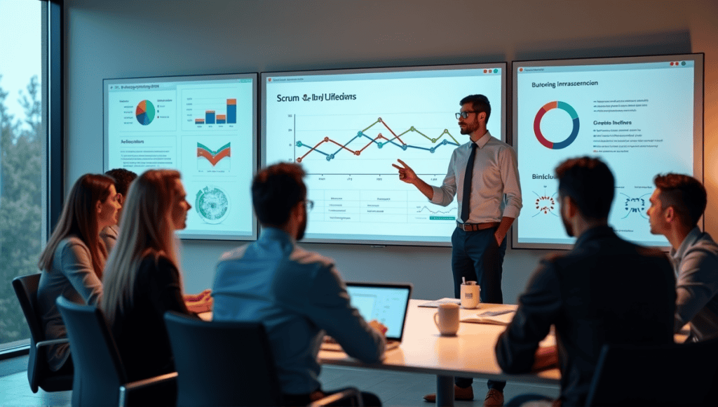 Professional team in a Scrum meeting with performance indicators displayed on a screen.