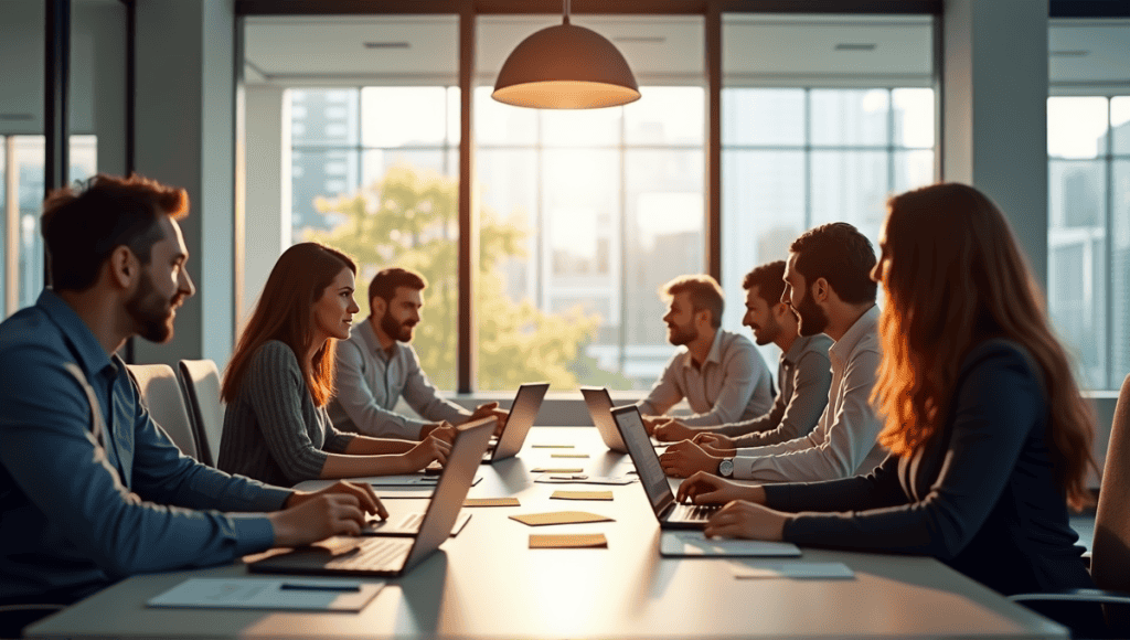 Dynamic backlog refinement meeting with professionals discussing around a modern conference table.