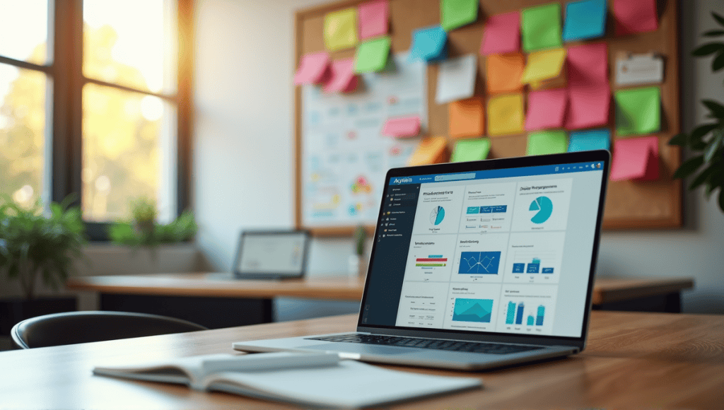 Modern workspace for Agile project management with laptop, sticky notes, and a bulletin board.