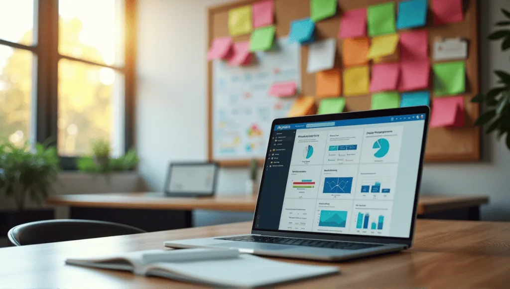 Modern workspace for Agile project management with laptop, sticky notes, and a bulletin board.
