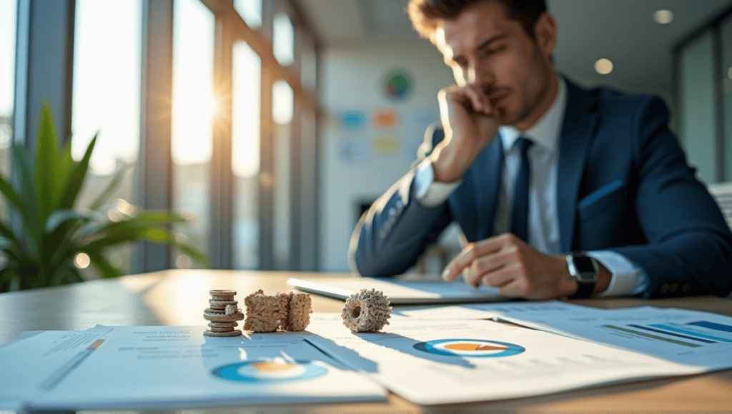 Symbolic representations of financial, operational, strategic, and compliance risk in a modern office.