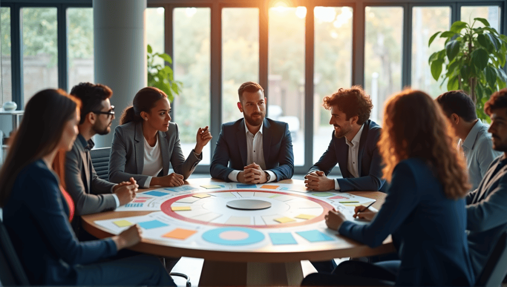 Group of professionals collaborating at a round table with charts and sticky notes.