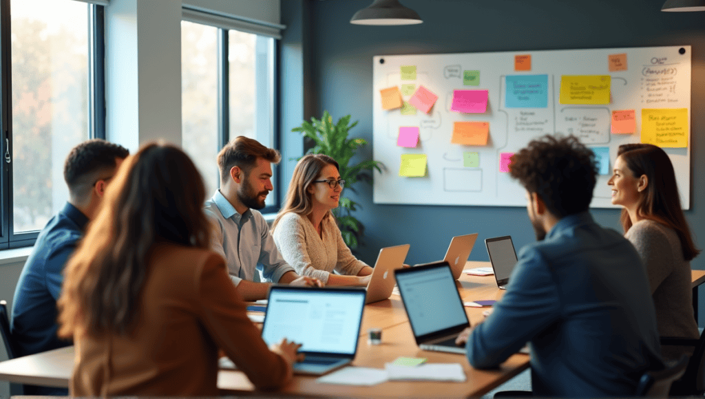 Professionals engaged in coaching session around a modern conference table with laptops open.