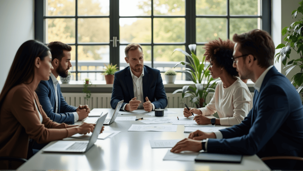 Group of professionals brainstorming around a conference table with notes and digital devices.