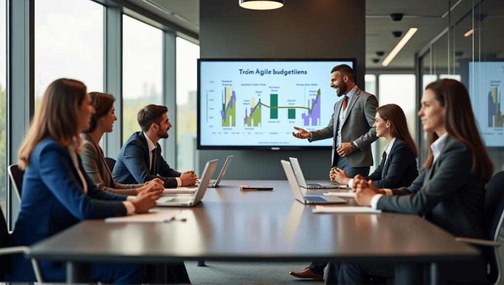 Modern office conference with professionals discussing agile budgeting principles around a large table.