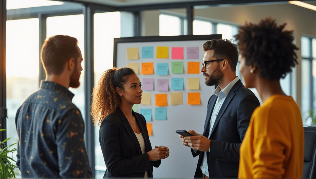 Professionals in smart casual attire engage in a stand-up meeting around a sprint board.