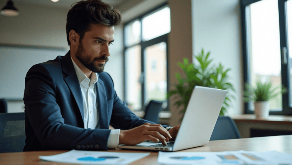 Focused professional in smart casual attire analyzing charts on a laptop in modern office.