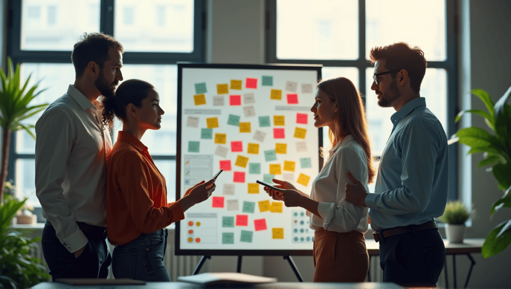 Group of professionals collaborating around a digital board filled with colorful post-it notes.