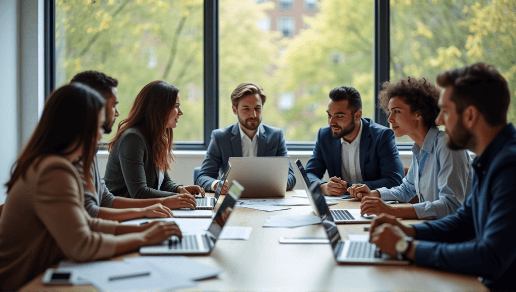 Professional team collaborating in a Scrum meeting around a modern table in an office.