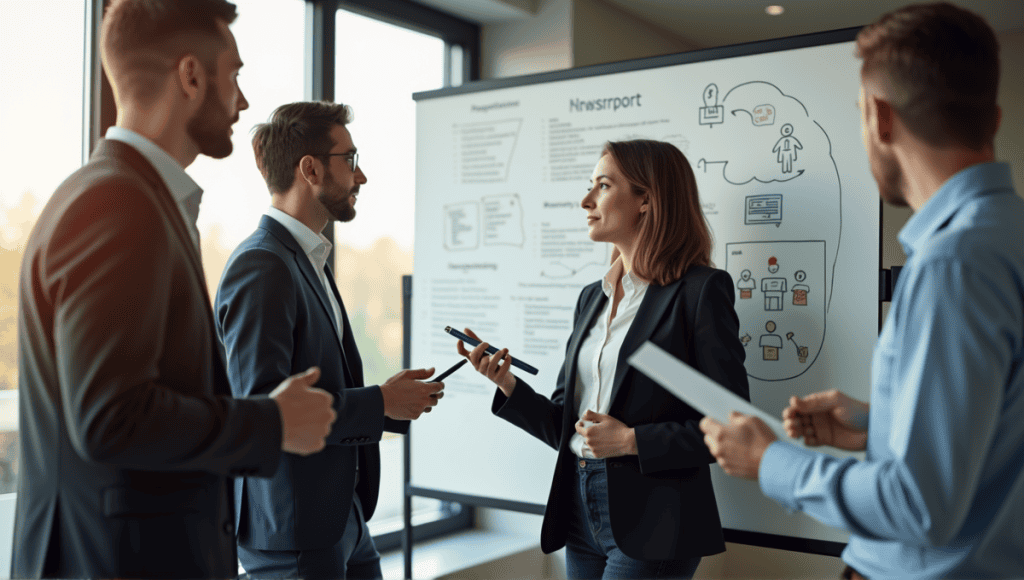 Professionals in formal attire discussing risk assessment tools in a modern office setting.