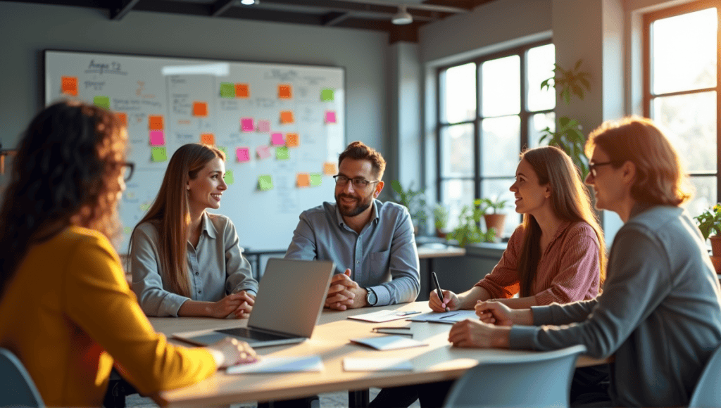 Professionals collaborating in a modern office, sharing ideas with sticky notes on a whiteboard.