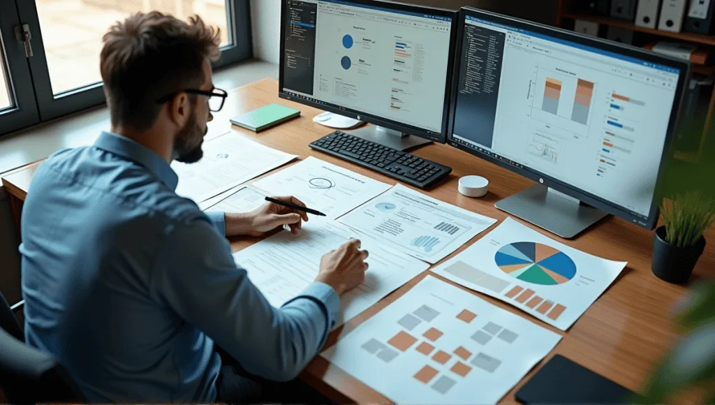 Person analyzing agile documentation at a modern desk with notes and diagrams.