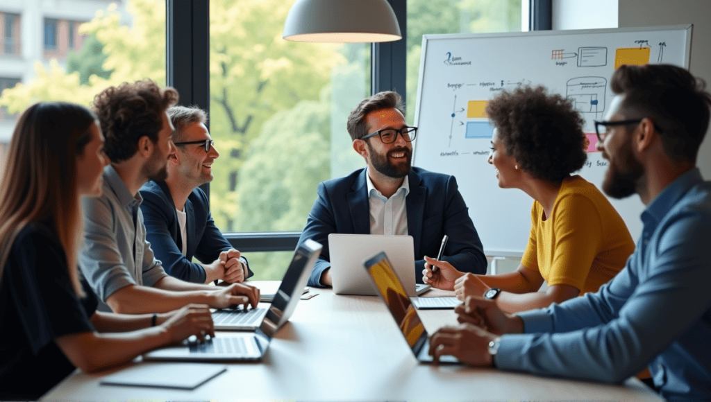 Professionals collaborating in a Scrum of Scrums meeting around a modern conference table.