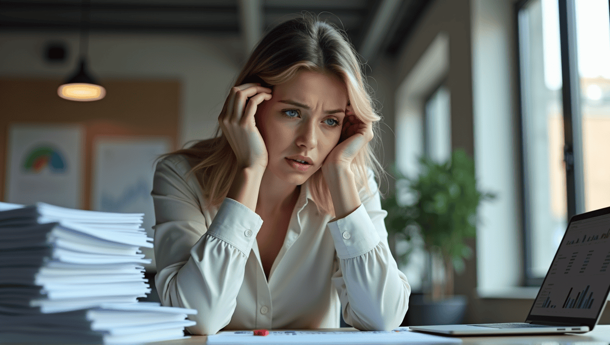 Worried project manager in smart casual attire, surrounded by documents and complex charts.