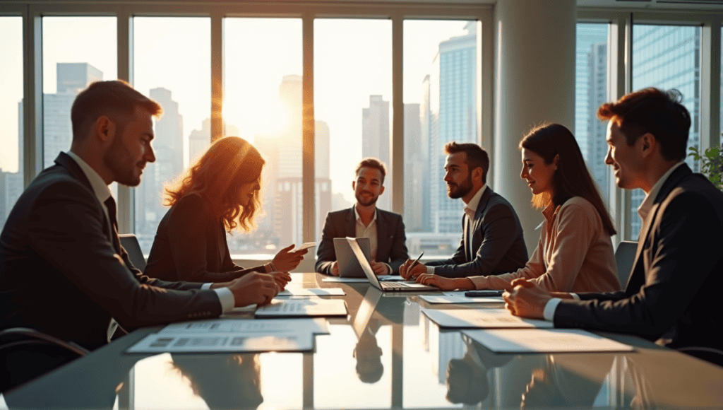 Professionals in a collaborative meeting around a conference table in a modern office.