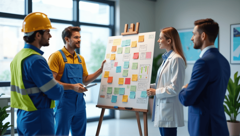 Project management team in a meeting around a whiteboard covered with charts and notes.