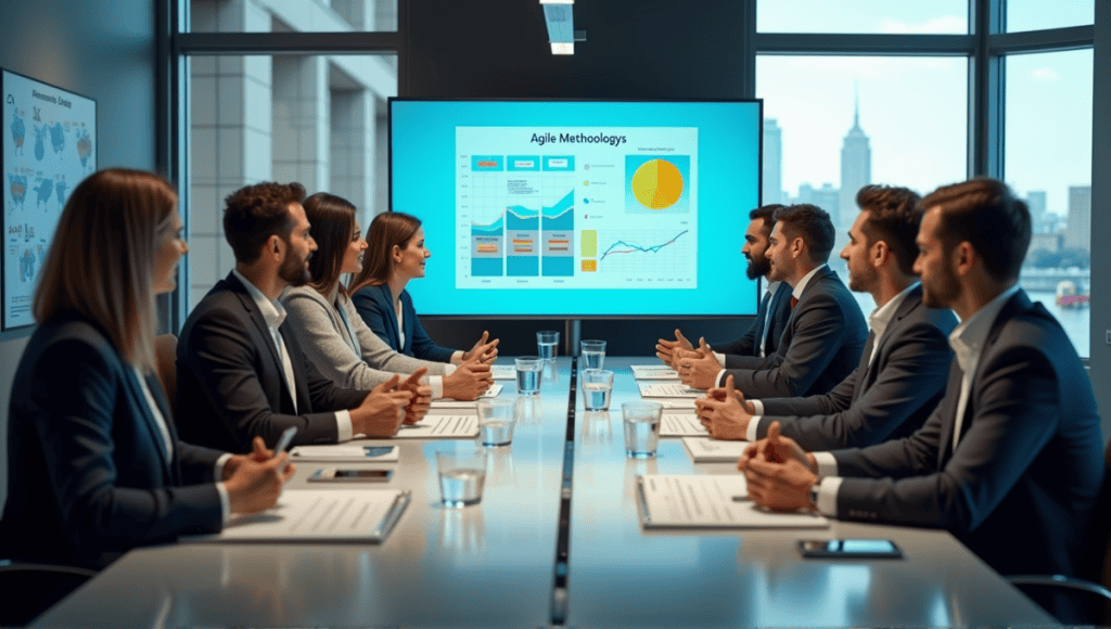 Team of professionals collaborating around a conference table, discussing Agile methodologies with charts and displays.